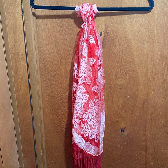Vibrant Red & Pink Floral Scarf with Fringe - Picture 1 of 8